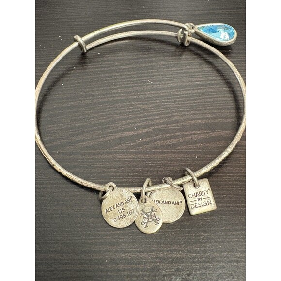 Beautiful Alex & Ani Sterling Silver Charm Bracelet 7 3/4” With Blue Gem - Picture 2 of 7